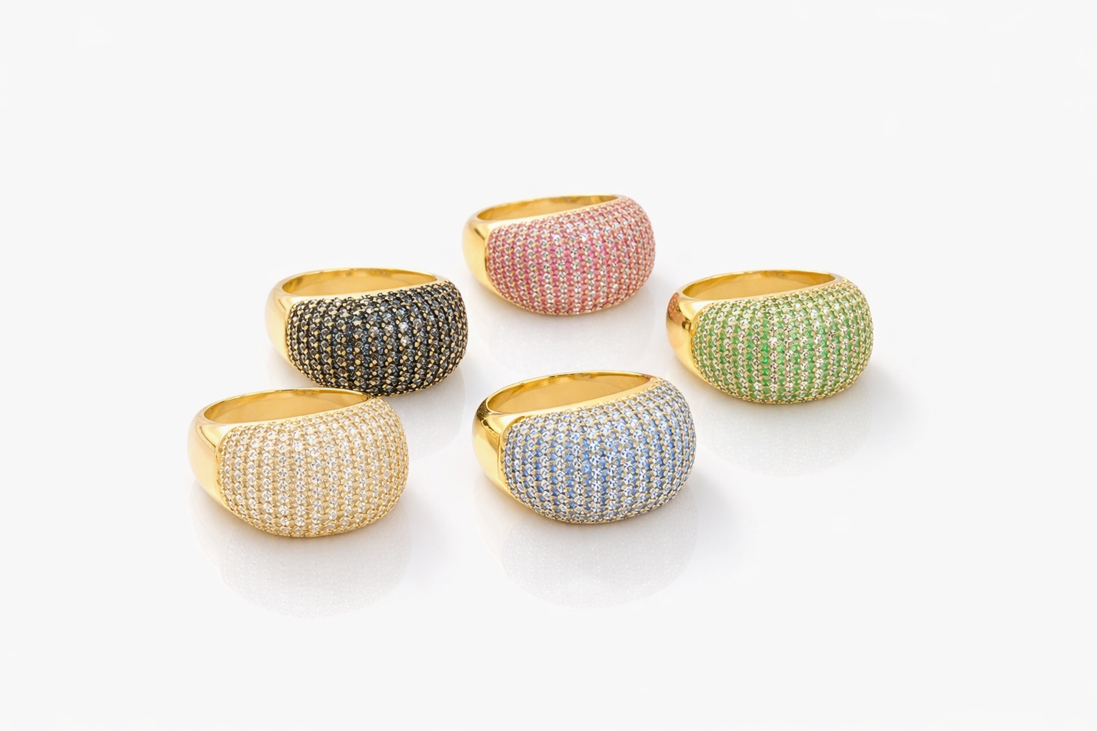 Women’s 18K gold filled dome rings in multiple colors, bold pavé jewelry design