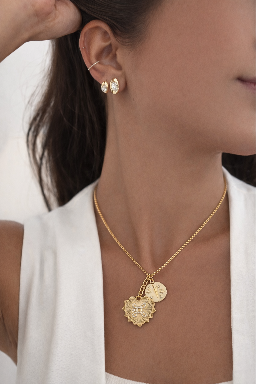 Fluted heart and coin charm necklace on delicate rolo chain