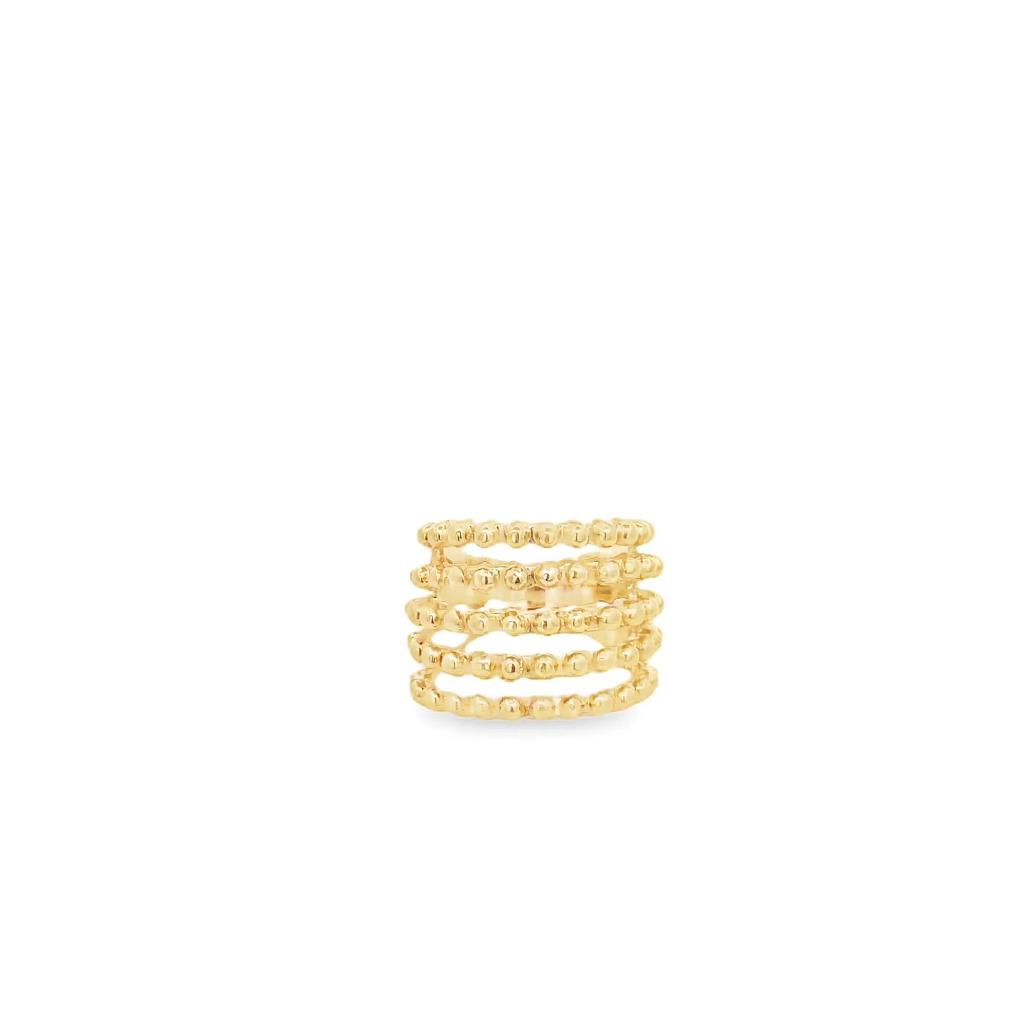 “Beaded gold band ring with layered polished beads, worn on finger, 18K gold filled jewelry