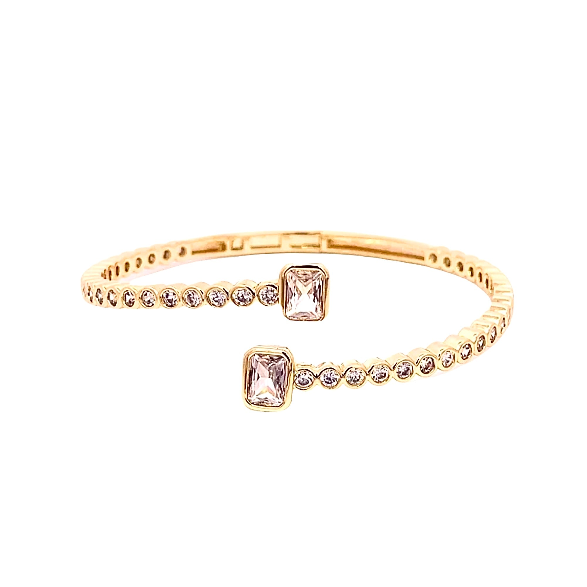 Gold cuff bracelet with pink square gemstones and crystal accents, non tarnish adjustable jewelry