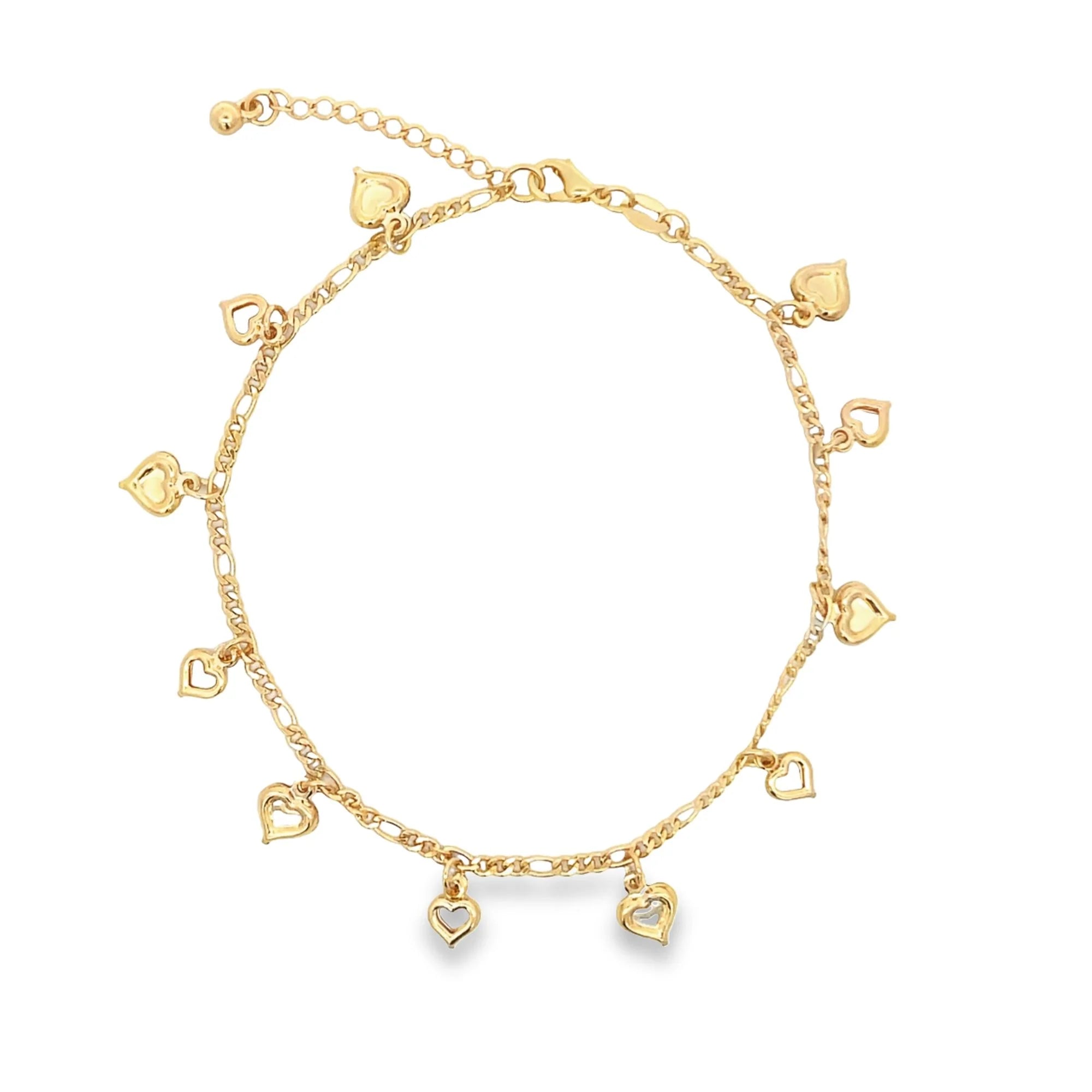 18K gold filled heart anklet with mixed heart charms on ankle