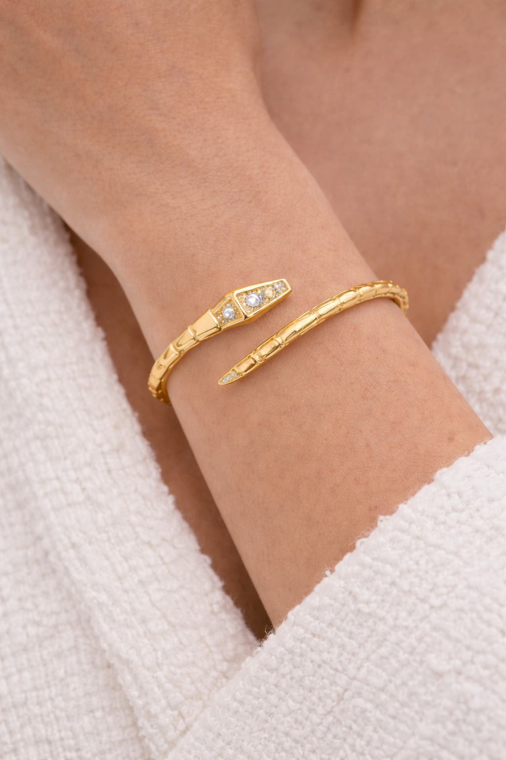 Snake bangle bracelet in 18K gold filled, non tarnish waterproof statement bracelet with crystal details for women
